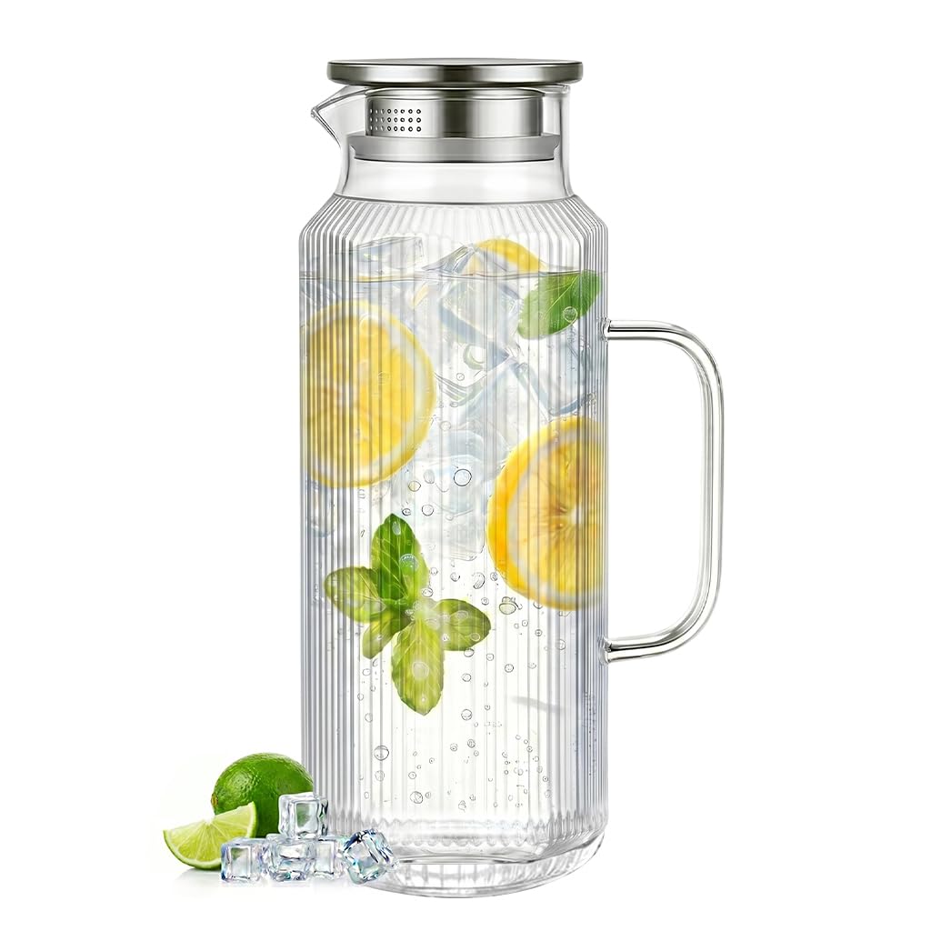 [68 OZ/ 2 Liter] - Achteckiger Glas Karaffe Krug mit Deckel und Auslauf, Klassischer Streifen-Wasserkrug mit Griff, Wasserkrug aus Borosilikatglas für heiße & kalte Getränke, Perfekt für Saft, Kaffee.