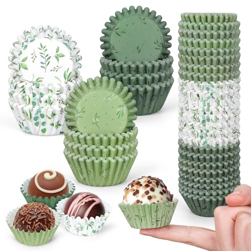 Whaline 600Pcs Greenery Mini Cupcake Liners Eucalyptus Olive Leaf Cupcake Wrappers Sage Green Wedding Baking Cups for Baby Shower Bridal Shower Wedding Birthday Party Supply