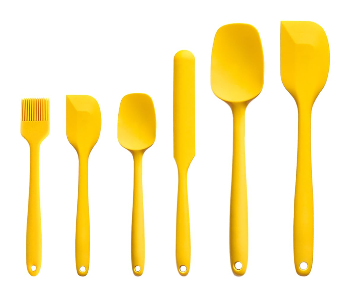 Silicone Spatula Set 6 Pieces High Heat Resistant Kitchen Scraper Spatulas,One-Pieces Seamless Design for Scraping,Cooking,Baking,Mixing Yellow