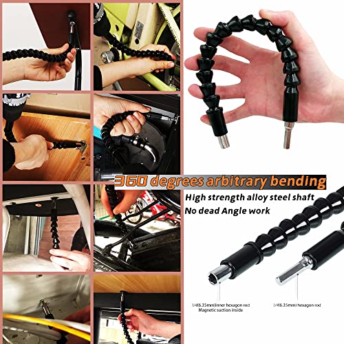 26Pcs Flexible Drill Bit Extension Set,Drill Bit Holder Extension,105° Right Angle Drill Attachmentt,1/4 3/8 1/2"Impact Driver Rotatable Socket Adapter,Bits Holder,Bendable Drill Bit Extension #TOP3