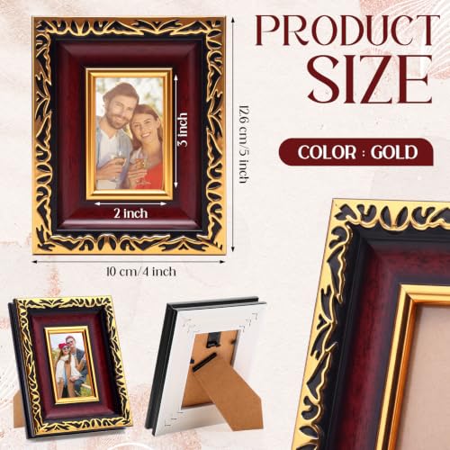 Image of 12 Pack 2 x 3 Inch Mahogany Gold Small Picture Frames Bulk | Vintage Resin Mini Antique Ornate Retro Baroque Photo Frames for Wall Hanging Tabletop Home Decor Wedding Christmas Display
