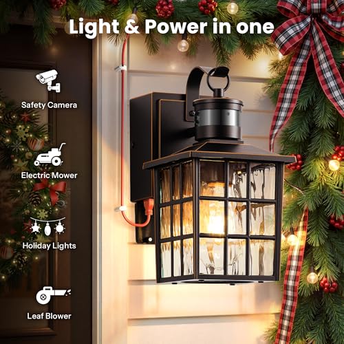 Image of Gleamz Motion Sensor Exterior Garage Lighting Fixtures with GFCI Outlet, Farmhouse Oil Rubbed Bronze Gold Trim Outdoor Porch Lights Wall Mount, Waterproof Dusk to Dawn Outdoor Sconce Lights for House
