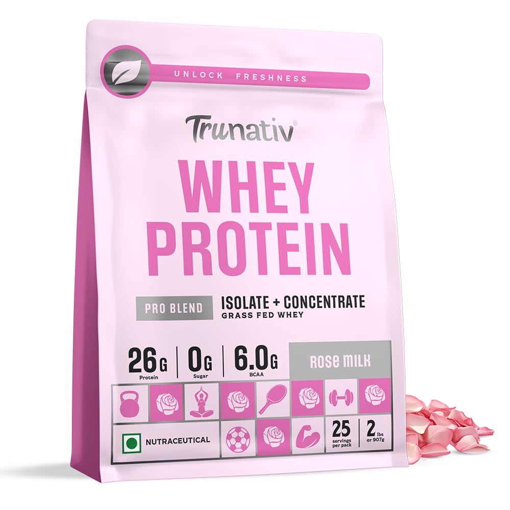 Trunativ Pro Blend Whey Protein Powder Isolate & Concentrate | 100% Light & Clean Protein Powder | 26g Protein | 6g BCAA | 12.52g EAA | No added sugar | Rose Milk 2lbs (907g)