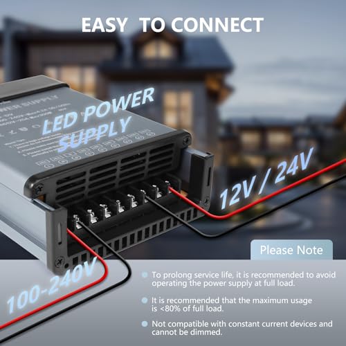 Image of 12V 200W LED Power Supply Rainproof IP44, Ultra Slim LED Transformer 100-240V AC to 12V DC 16.7A Quiet Low Volt LED Driver Constant Voltage Driver Adapter for LED Lights, Indoor & Outdoor
