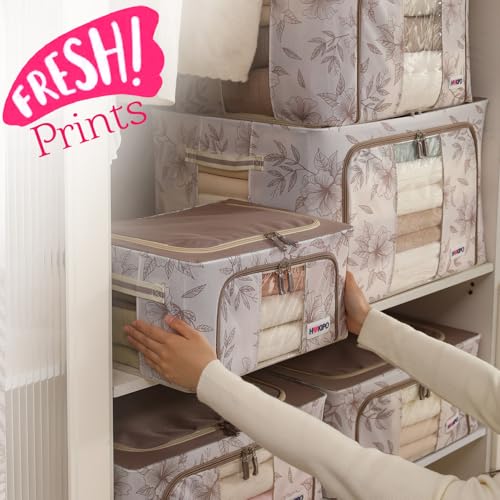 Image of HOKIPO 24L(S) 600D Oxford Fabric Cloth Organizer for Storage, Latte Floral Pack of 1 (AR-6484-LBR)