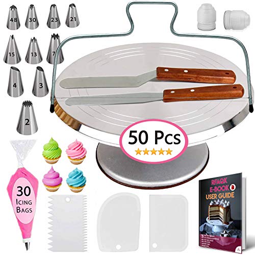 50 PCs Aluminum Cake Turntable Rotating Stand- Professional Cake Decorating Tools Kit