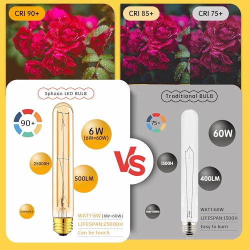 Image of Tubular Light Bulb 7.3 Inch Dimmable T10 LED Bulb E26 6W 60 Watts Edison Bulbs Amber 2200K Warm White,185mm Long for Wall Sconces, Pendant, Livingroom, 4-Pack