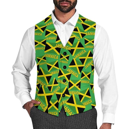 Jamaican Flag Suit Vest for Men Slim Fit Tuxedo Waistcoat Button Down V Neck Business Dress Coat