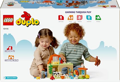 LEGO DUPLO Town Tierpflege auf dem Bauernhof - Spielzeug für Kinder - Montessori Spielzeug -Bauernhof mit Tierfiguren - Pferd, Kuh und Huhn - Lernspielzeug für Mädchen und Jungen ab 2 Jahren - 10416