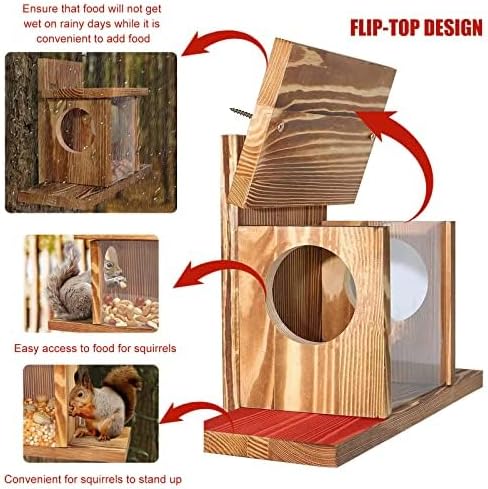 Wooden Squirrel Feeder Window Bird Feeder, Squirrel Food Feeder House with Corn Cob Holders and Lift-Up Lid – Stable Safe Outdoor Feeding for Dry Food