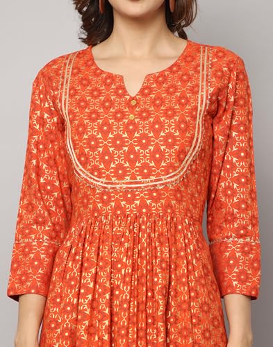 Image of Gold Print Kurta with Gota Lace on Front Yoke, Bottom Hem & Sleeve