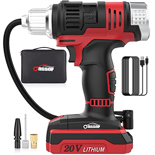Oasser 20V Cordless Tire Inflator Portable Air Compressor Cordless Hand Held Air Compressor for Car Tires Cordless Air Pump,Rechargeable Li-ion Battery,USB Cable,Digital Tire Pressure Gauge(Red)