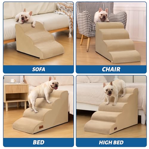 Image of Aodisman Dog Stairs for High Bed,5-Step Pet Ramp for Small Dogs and Cats | 22.2 inch H Dog Steps for Bed with High-Density Foam, Help Olders,Short-Legged Dogs,Puppy and Cats Get on Beds Easily,Grey,Khaki