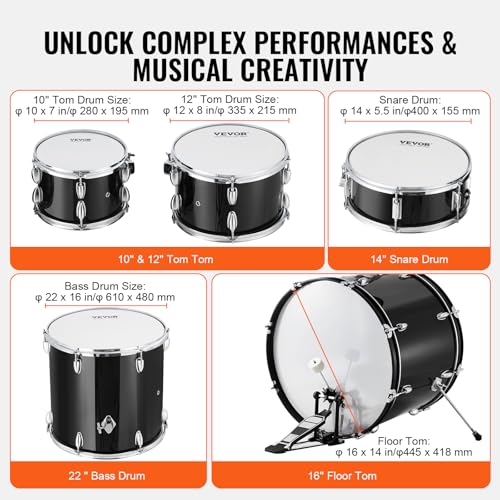 VEVOR Adult 5-Piece Drum Set, 22 Inches Complete Full Size Kit with Bass, Toms, Snare, Floor, Adjustable Throne, Stands, Cymbal, Hi-Hat Pedal and Drumsticks, Black - Image 4