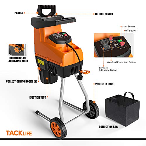 TACKLIFE Electric Wood Chipper, Garden Shredder, Silent Wood Shredder, 15Amp Power, Max 1.77-Inch Cutting Capacity, 60L Collection Sac, Quiet Motor, Adjustable Cutting Blad