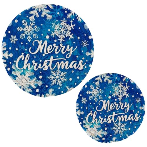 Boccsty Blue Snowflakes Pattern Trivet Mat 2PCS Christmas Round Woven Potholders Kitchen Table Countertop Protector Hot Pads Farmhouse Coasters Counter Mats for Cooking Baking