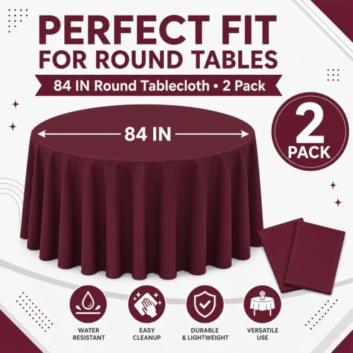 Image of WNINK 2 Pack Burgundy Round Tablecloth, 84 Inch Disposable Plastic Table Covers, Burgundy Round Table Cover for Wedding, Bridal Shower, Anniversary, Holiday, Banquet Party Supplies