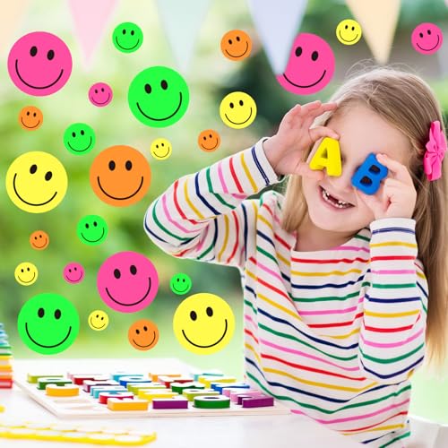 Image of Whaline 9 Sheet Smile Face Window Clings Neon Colored Happy Face Reusable Window Decals for Home Classroom Office Nursery Windows Decor