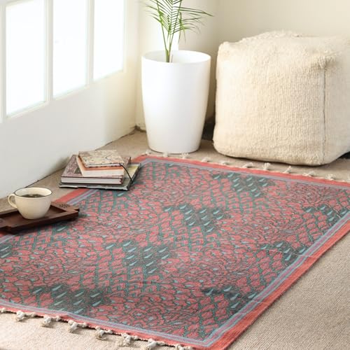 Image of Peepul Tree Handmade Pure Cotton Rug for Living Room | Multipurpose Carpet for Hall, Bed Room and Corridor | Floor Rugs | Sustainable Dhurrie | 3x5ft | Coral, and Teal | Chintz Collection