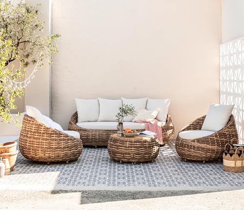 Dehner Sessel Tulum, Geflechtsessel wetterfest, Lounge Möbel Outdoor, 97 x 95 x 76 cm, Aluminium / Kunststoff / Polyester, braun / weiß
