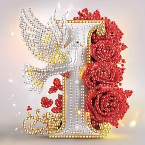 Image of AiYuanzsh 5D Diamond Art Kits for Adults Letter I, Intricate Red Rose & Dove Alphabet Diamond Painting Kit, Special Shape Diamond Art for DIY Crystal Rhinestones Crafts and Elegant Home Decor 17x17cm