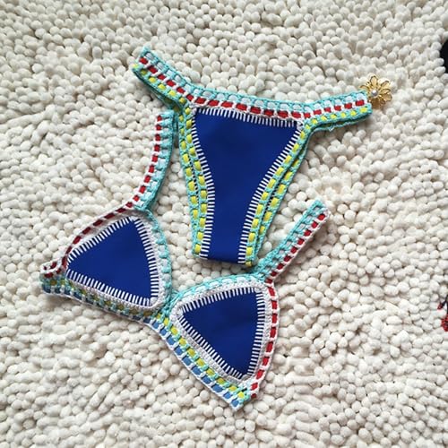 Bright Patchwork Hand Crocheted Beach Two Piece Swimsuit Low Waist Bikini Top and Thong Swimsuit Bottom3