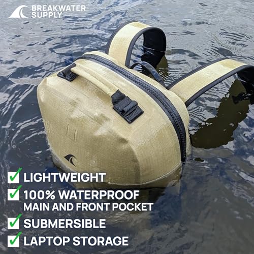 Image of Breakwater Supply Fogland CORDURA Waterproof IP68 Submersible Backpack | Laptop Sleeve & Airtight Zippers for Outdoors, Travel, Hiking, Fishing, Floating Dry Bag, Unisex, TPU (Safari Tan, 25L)