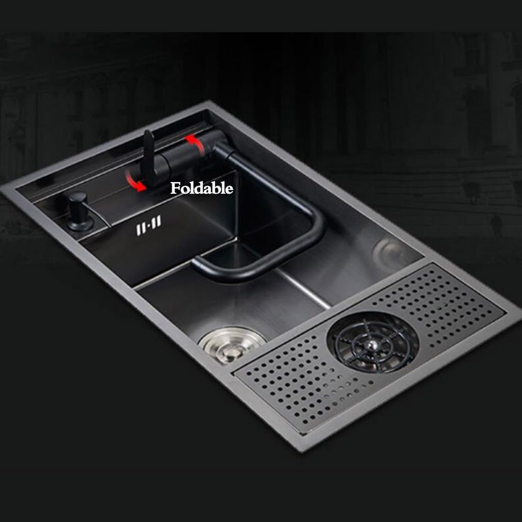 Fregadero Oculto De Cocina Fregadero De Bar Comercial De Cafetería Con Lavavasos Fregadero De Sifón Para Vehículos Recreativos Con Tapa, Grifo Plegable Ahorra Espacio ( Color : negro , S : 55*32*22cm
