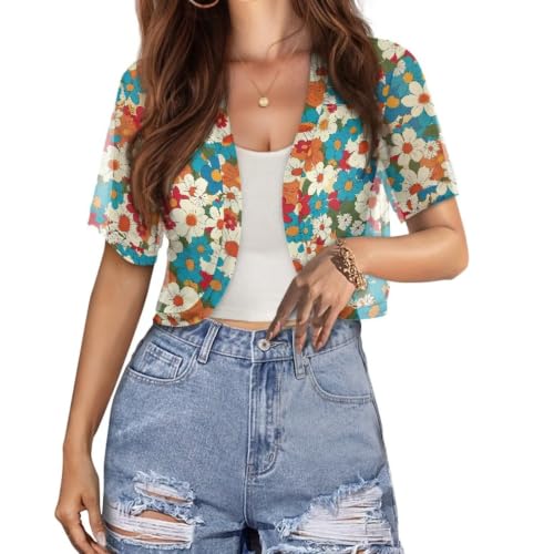 Image of Womens Short Sleeve Cardigans Lightweight Summer Cardigan Trendy Bolero Shrug Cute Floral Cardigan Sheer Bolero