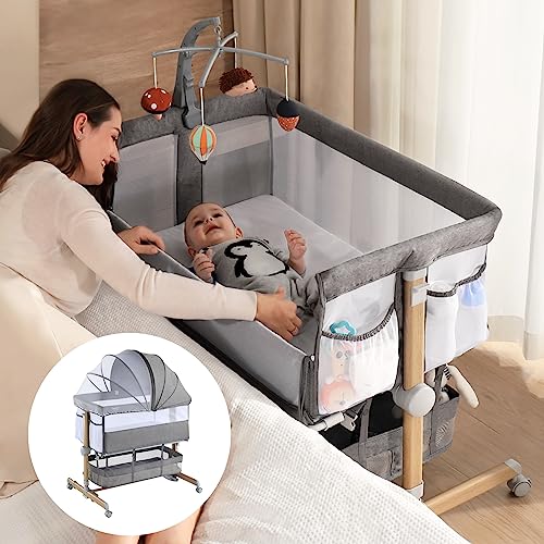 Image of besrey 3 in 1 Baby Bassinets, Rocking Bedside Bassinet Sleeper with Mobile Toy Hanger, Baby Cradle for Newborn Infant with Larger Lockable 360° Swivel Wheels, 9 Height Positions, Storage Basket