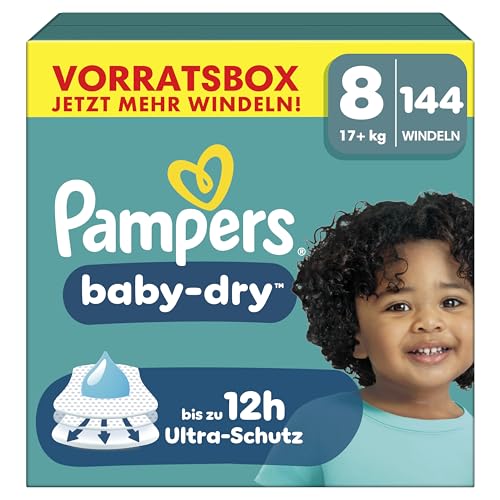 Pampers Baby-Dry Größe 8 144 Windeln 17kg+ Bis zu 100% Auslaufschutz & Komfort die ganze Nacht