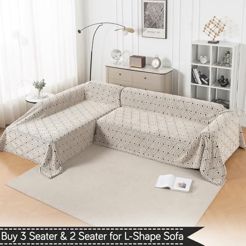 Image of HOKIPO Plush Sherpa Sofa Cover for 2 Seater Sofa | Thick Cozy Washable Sofa Throw | Full Protection Sofa Cover, 'Noirea Series' Geometric Diamond (180x250 cm) (AR-6652-D6)