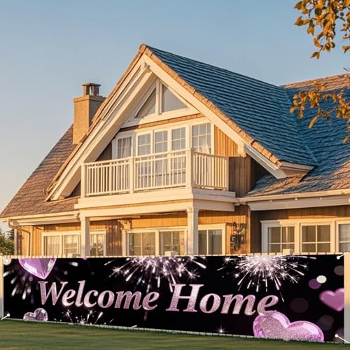 Image of Nuxovilar Welcome Home Banner Purple Gold Flame Heart 17.7x78.7 Polyester