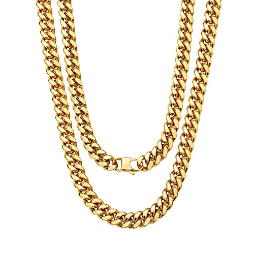 Mens Womens Luxury 18K Gold Silver Stainless Steel Miami Cuban Chain Hip Hop Curb Link Necklace (18mm width, 30 Inch, Gold)