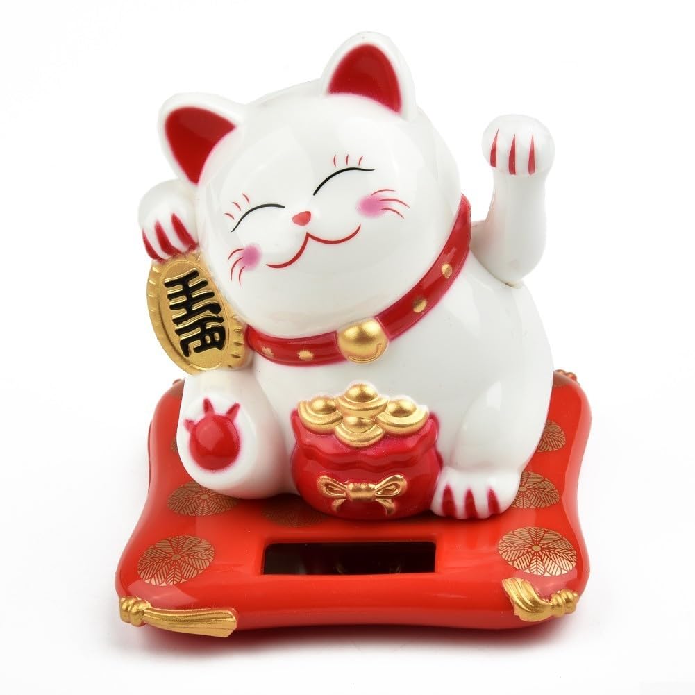 Statuetta a forma di gatto portafortuna alimentato a energia solare, 6,3 cm, mano d'onda, Maneki Neko, simbolo giapponese, per auto, cruscotto, casa, ufficio, decorazione (bianco)