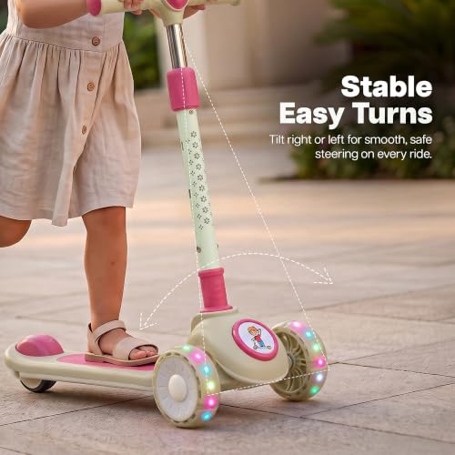 Image of Baybee Rydelle 3 Wheel Kick Scooter for Kids with LED Light Up Wheels & Music | Foldable, 3 Height Adjustable Kid Scooter Handle & Brake | Runner Scooters for Kids 2 to 10 Years Boys Girls (Cream)