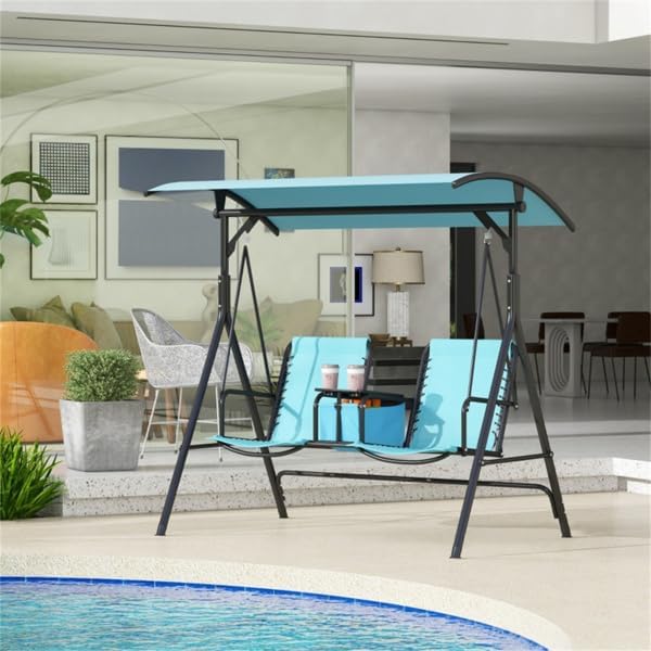 Generic 2-Seat Patio Outdoor Swing with Stand & Canopy, Pivot Storage Table, 2 Cup Holders, Canopy Porch Swing Adjustable Shading, Cushions for Patio and Backyard, Blue