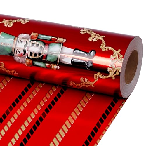 LaRibbons Nutcracker Foil Christmas Reversible Wrapping Paper 17 In x 33 Ft