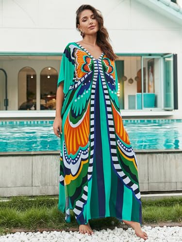 Image of sunforyou Kaftan Dresses for Women Plus Size Lightweight Swimsuit Cover up Batwing Sleeve Print Loungewear Beach Robe
