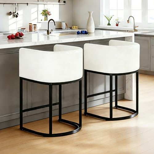 Image of 26 inch Counter Height Bar Stools Set of 2, Faux Leather Upholstered Barrel Chairs with Back and Arms, Metal Frame Kitchen Island Stools with Footrest, Cream White