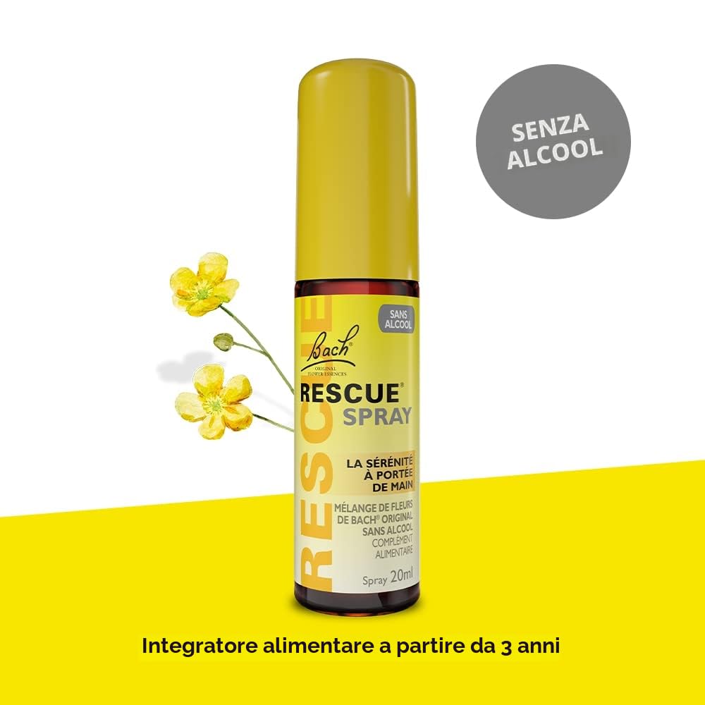 RESCUE Spray senza alcool da 20 ml, benessere emotivo naturale, miscela di 5 fiori di Bach Original, ideale per lo stress quotidiano: viaggi, esami, riunioni, giorni impegnativi