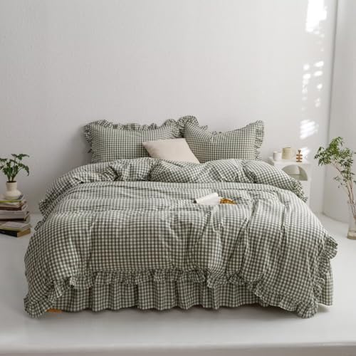 Image of mixinni Green Ruffle Duvet Cover King Size 3 Pieces - 100% Washed Cotton, Vintage Plaid Ruffled Bedding Set with Zipper Ties, Soft Checkered Grid Farmhouse Chic Comforter Cover Set