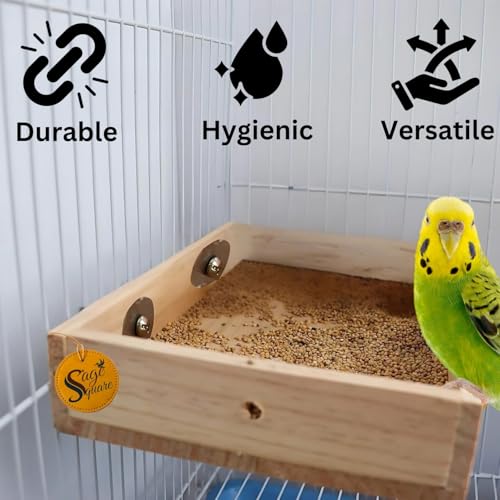Image of Sage Square Bird Cage Wooden Feeding Bowl - Natural, Hand-Made, Sturdy & Stylish, Ideal for Birds, Parrots, Small Pets, Perfect for Food, Treats, Safe Cage Accessory (8 x 6 inch)