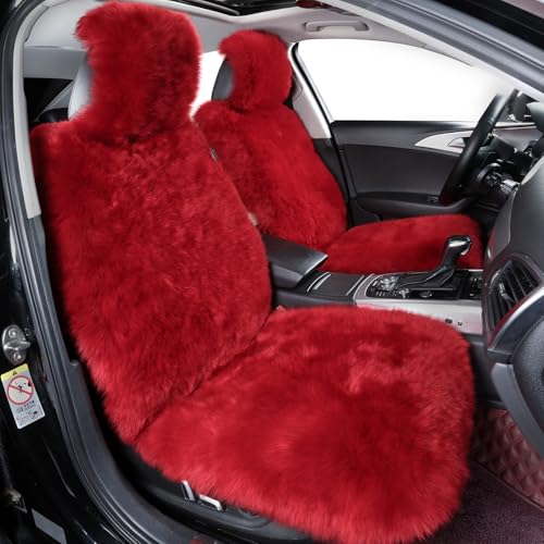 Image of 2 Pack Red Fluffy Sheepskin Car Seat Covers for Soft Auto Fur Pet Cushion
