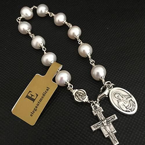 Miniatura 4 de elegantmedical HECHO A MANO Alambre De Plata Envoltura Perla ROSARIO PULSERA CRUZ CATÓLICA, Cobre