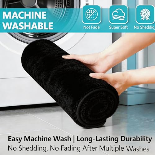 Bathroom Rugs Set Plush Velvet Bath Rugs Non-Slip Shaggy Bath Mat Set 3 Piece,Washable Mats,Absorbent Shaggy Rugs Super Soft U-Shaped Toilet Rug,Bahroom Carpets for Bathroom,Tub,Shower Black by RUN HELIX - Used condition - Image 4