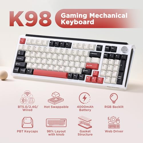 Image of K98 Wireless Mechanical Keyboard,Tri-Mode Gaming Keyboard(White&Red)