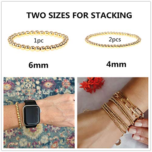 fzbali 3 Pcs Gold Beaded Bracelets Valentine's Day Gifts, Men Women Elastic Copper Beads Balls Stretch Bracelet Anklet, Fashion Stacking Bracelets Cuff Set Jewelry (6mm+4mm) - Image 5