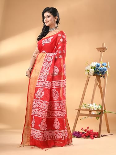 Image of WoodenTant Women's Linen Slab Cotton Blend Block Print Saree with Blouse Piece | Traditional Soft Saree (6.5m Length, 1.2m Width)