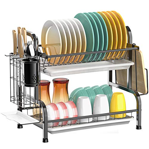 Dish Drying Rack, Cambond 304 Stainless Steel 2 Tier Dish Rack with Drain